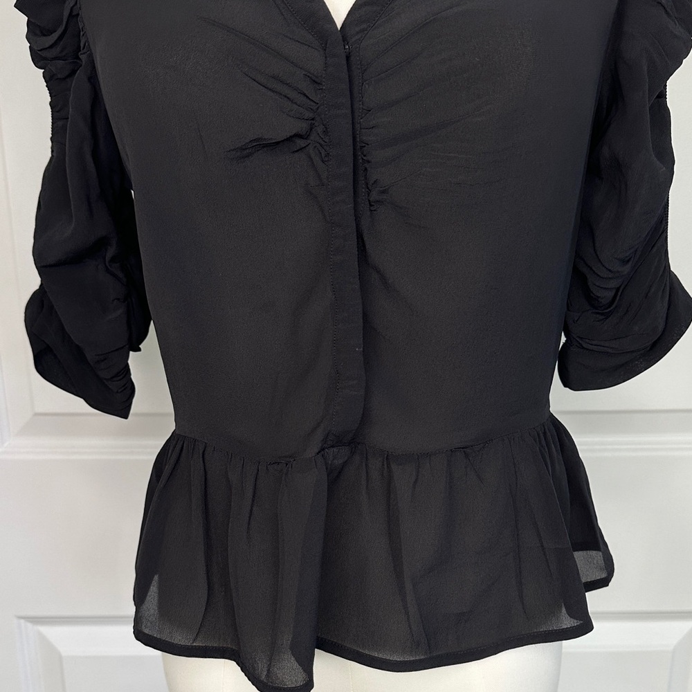 & Other Stories Black Silk Viscose Peplum Ruffled String Sleeve Blouse Size 4 - Picture 4 of 12